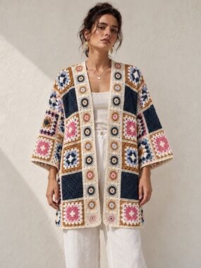 Boho Crochet Granny Square Cardigan Original Designed in USA Open Front Size OS